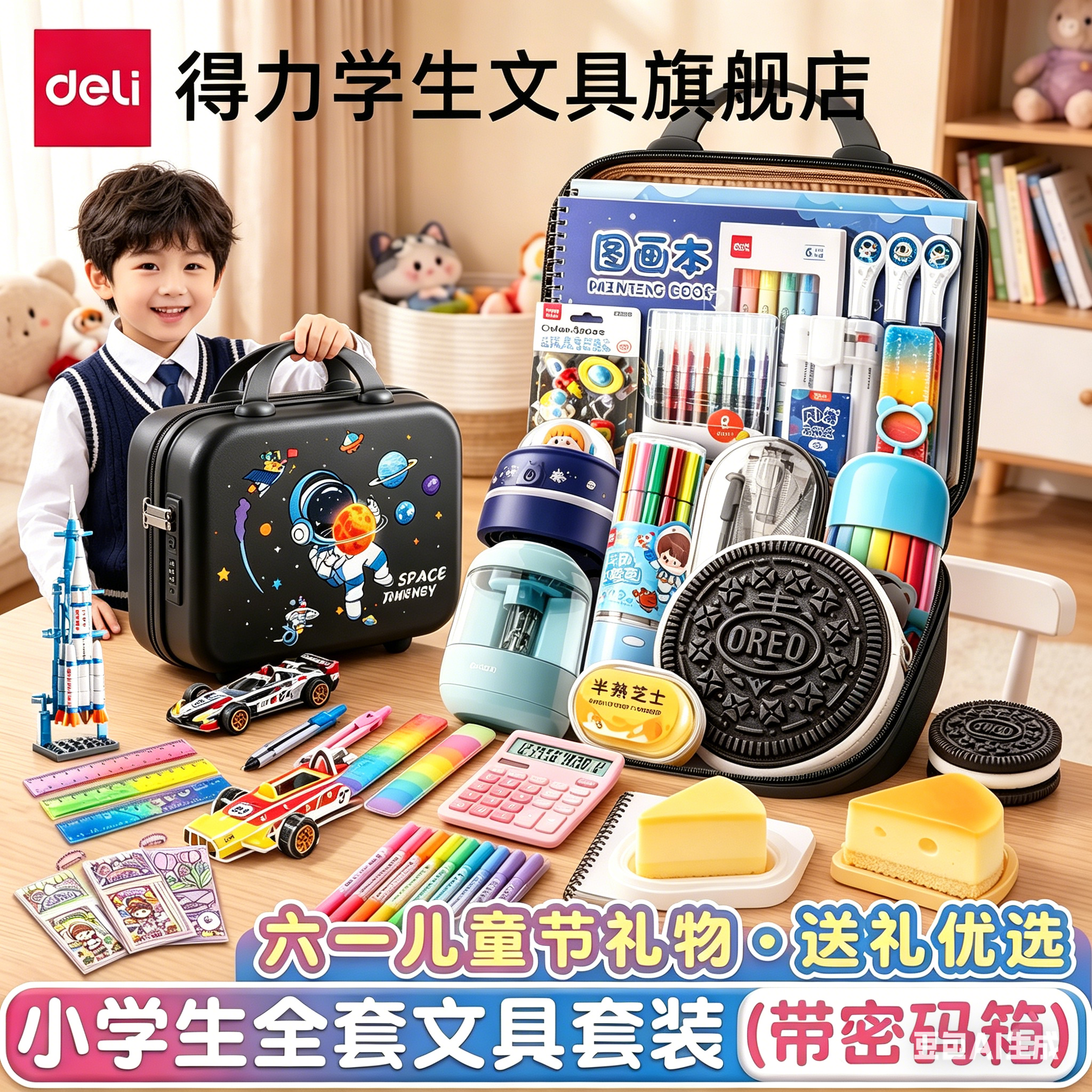 得力密码箱男孩文具套装礼盒小学生一年级学习用品套盒学霸豪华文具大礼包男生开学福利礼品生日儿童六一礼物