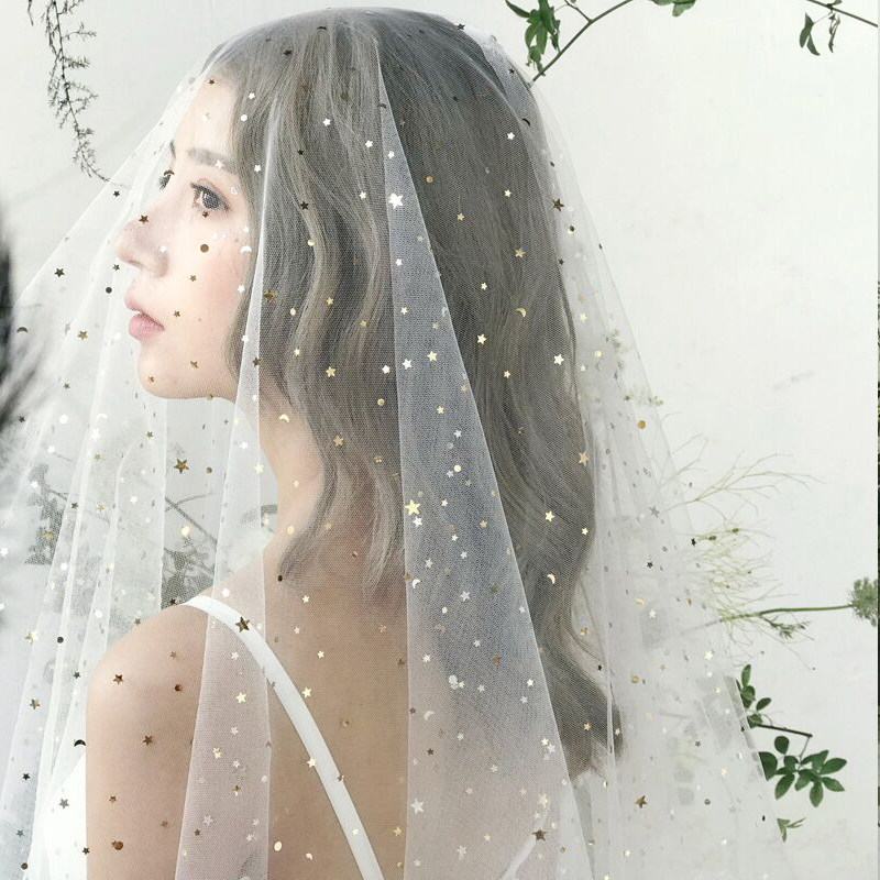 网红背景头纱金色亮片旅拍道具超仙森系新娘婚纱写真美甲闪光软纱