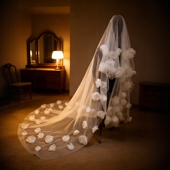 新娘造型手工花朵白色长款 拖尾头纱花边轻奢婚纱摄影样片道具配饰