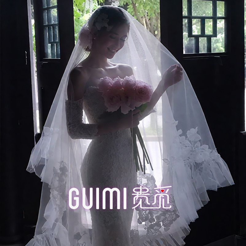 蕾丝头纱新娘高级感婚纱摄影样片旅拍造型刺绣配饰褶皱边结婚头饰