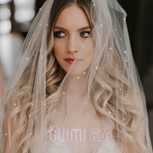 高亮珍珠头纱新娘主婚纱新款 森系拍照道具长拖超仙结婚钉珠头饰