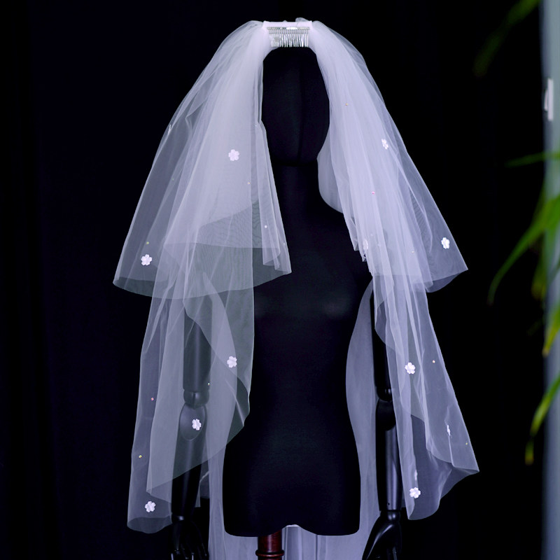 多层蓬蓬齐地头纱新娘结婚拍照道具手工小花亮钻婚礼化妆婚纱头饰