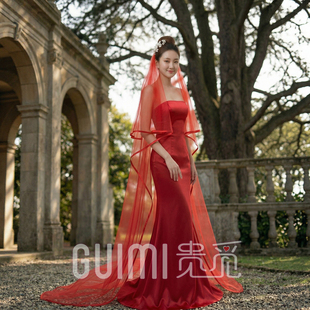 红色包边头纱新娘结婚长款拖尾中式红盖头喜庆复古主婚纱红边头饰