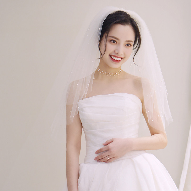 新娘珍珠头纱短款双层加金属发梳超仙结婚写真拍照韩式婚纱头饰