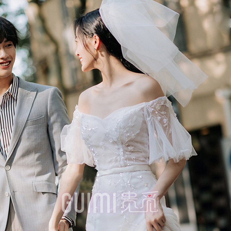 情侣领证登记小头纱新娘旅拍道具毕业照头饰森系婚纱超仙双层头纱