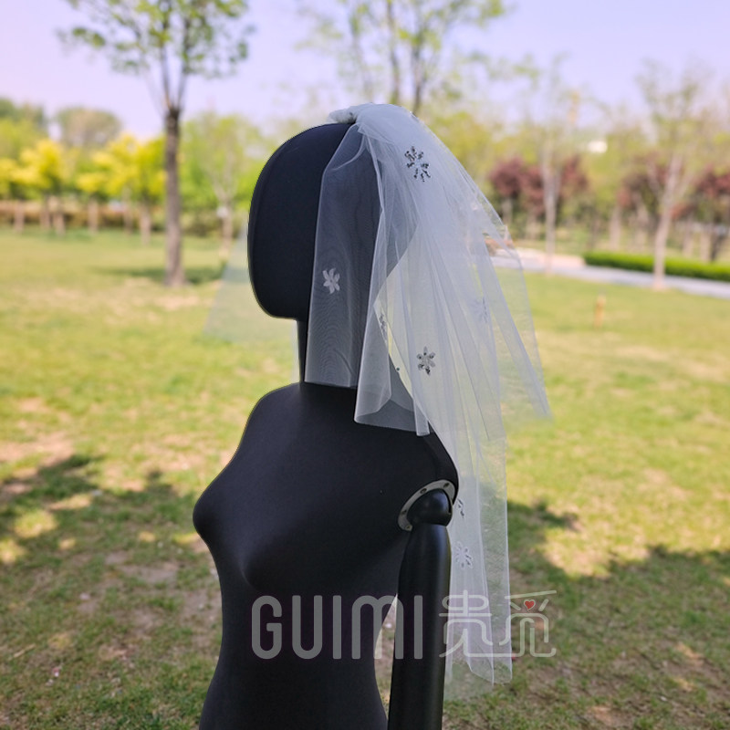 清透水晶纱两层短款新娘写真样片进口纱婚纱摄影凹造型领证头纱