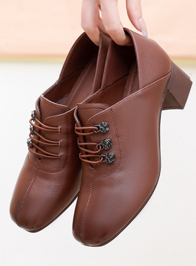 黑色粗跟单鞋女春秋舞蹈鞋气质软底通勤工作鞋深口大码妈妈鞋4142