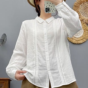 法式纯色纯棉蕾丝镂空刺绣双层纱衬衫女长袖绣花边上衣打底衫
