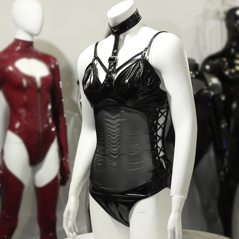 新款亮面黑拼接透视连体衣GB66性感束缚紧身衣捆绑夜店演出制服