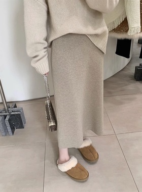 燕麦色软糯毛线针织半身裙女秋冬季中长款直筒包臀裙高腰a字裙子