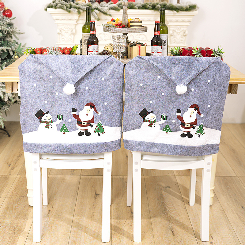Christmas Home Grey Printed Chair Cover圣诞印花椅子套圣诞帽