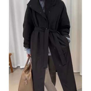 欧货立领腰绑带长款风衣羽绒服冬季新款内里白鸭绒休闲