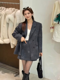 【现货】25冬季新款翻领毛呢西装羽绒外套短裙两件套装女