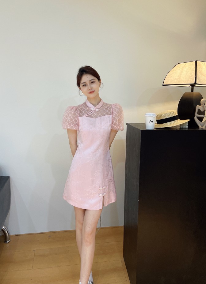 【现货】欧货连衣裙女夏季显瘦蕾丝拼接改良旗袍新款短款裙子