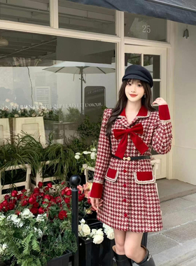 【现货】naa25春氛围感穿搭穿搭红色富家千金毛呢外套加棉加厚裙