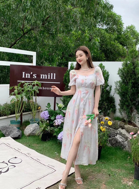 【现货】mi2naa26夏季新款法式方领复古印花收腰显瘦连衣裙女