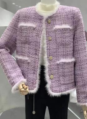 法式紫色名媛小香水貂羽绒服女外套女加绒加厚秋冬新款