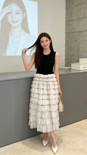 欧货小香风假两件拼接连衣裙女26春法式 蛋糕荷叶边裙9653 现货