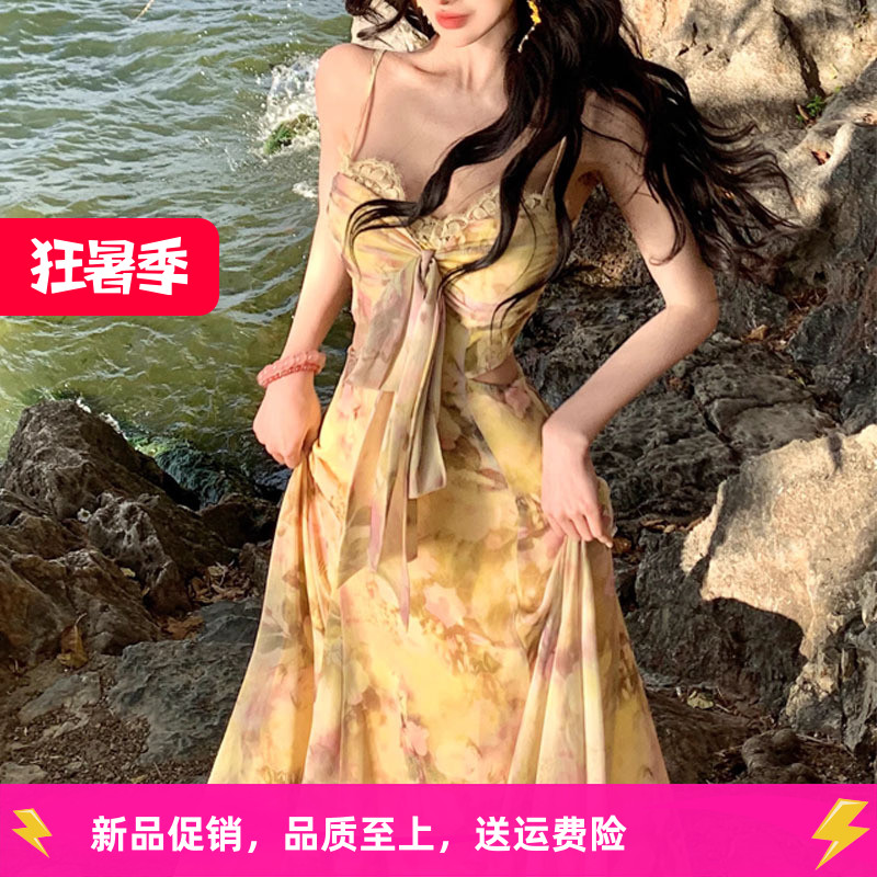 碎花吊带连衣裙女2025春季新款度假风连衣裙  抹胸长裙印花裙子女