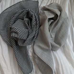 自制细薄纯棉麻方巾领巾发带包头巾气质浅花灰黑白泡感小格子秋冬