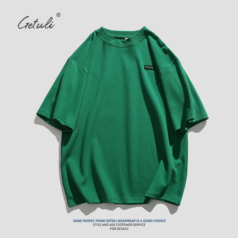 重磅300g纯棉t恤短袖男BV绿半袖夏季精梳棉牛油果绿五分袖体恤S潮