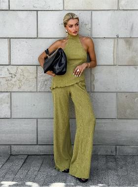 women clothes2025春夏设计感绿色无袖挂脖背心阔脚裤两件套时尚