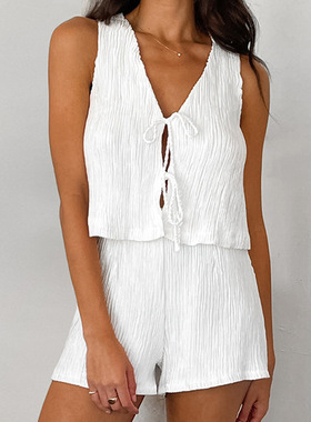 women clothes白色泡泡绉无袖系带背心热裤套装2025欧美春夏时尚