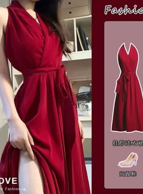 women clothes纯欲风红色挂脖连衣裙女2025早春新款a字御姐收腰绑