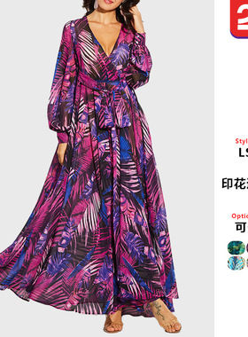 women clothes2025夏季新欧美灯笼袖性感深V印花 连衣裙绿色叶子