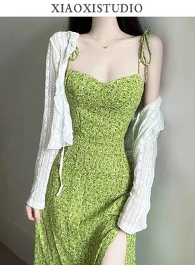 women clothes法式收腰2025夏季新款女装绿色桔梗碎花海边度假穿