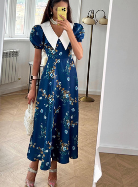 women clothes法式春秋娃娃领短袖连衣裙女蓝色碎花显瘦高端精致