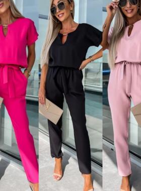 women clothesINS欧美夏短袖V领插袋松紧腰系带小脚裤九分裤连体