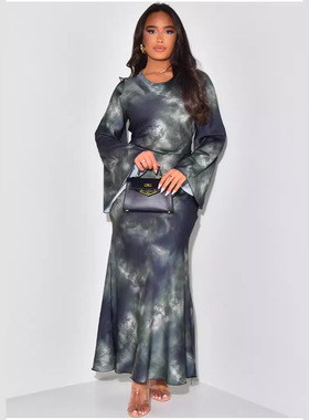 women clothesL0406    欧美宽松印花休闲长款色丁缎面连衣裙