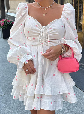 women clothes白色绉纱棉麻方领泡泡袖爱心印花高腰连衣裙欧美春