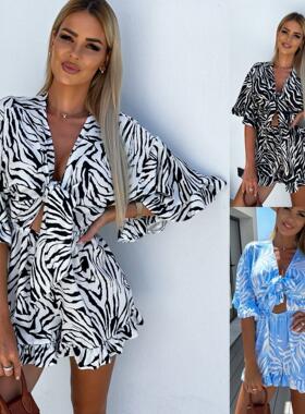 women clothesINS欧美夏女斑马纹印花荷叶边袖落肩袖V领系带高腰