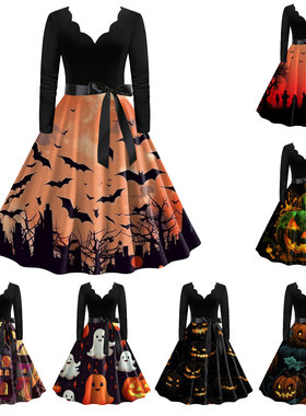 women clothesL外贸万圣节女装新款烧花V领长袖撞色黑拼印花大摆