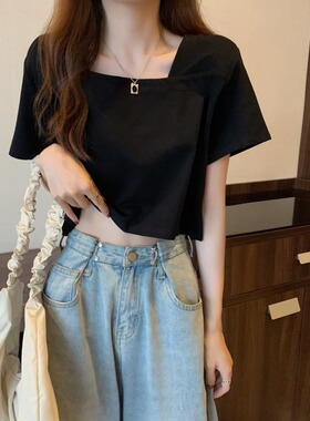 women clothesins设计感方领短袖T恤女夏短款高腰露脐学生宽松上