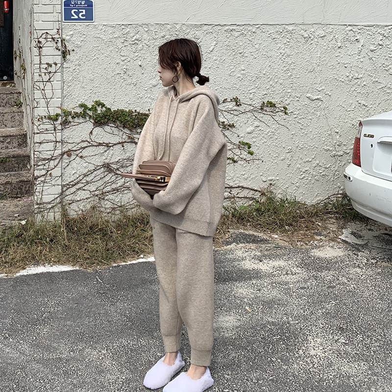 women clothes时尚针织套装裤2025新女秋冬新款宽松连帽毛衣萝卜