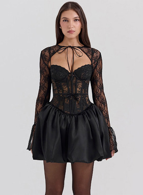 women clothesJY24527秋季新款 名媛风气质修身性感蕾丝绑带A摆款