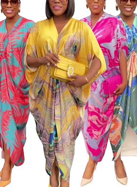 women clothesL00395    Wish  夏季女士印花宽缎面宽松短袖连衣