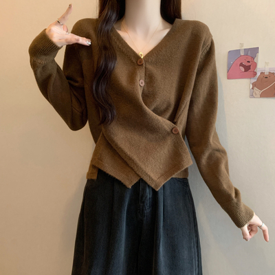 秋冬季不规则v领咖色长袖针织衫女大码胖mm修身显瘦感减龄上1120n