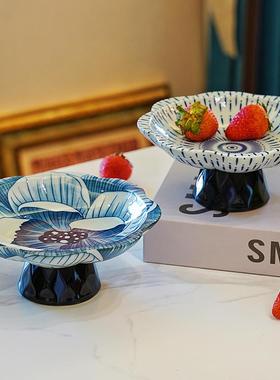 中式青花手绘陶瓷高脚果盘精致糕点茶点高足托盘坚果水果盘点心盘