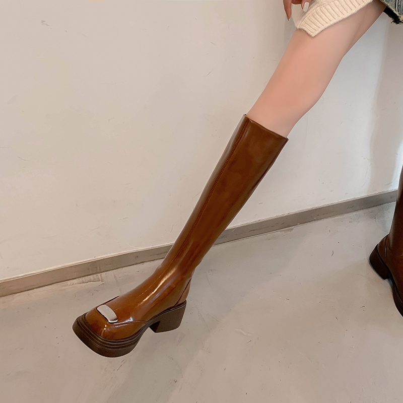 软皮棕色长靴显瘦方头中粗跟长筒靴厚底骑士靴女秋冬金属扣高筒靴