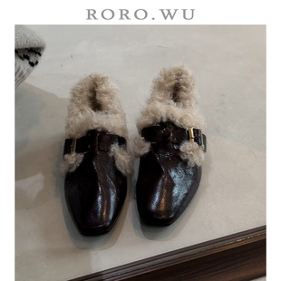 单鞋 娆娆吴羊皮法式 新款 冬季 女粗跟X02 复古加绒保暖皮带扣毛毛鞋