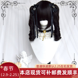 斯万家-日常可爱洛丽塔短单黑色罗马卷双马尾假发-|梨涡少女|