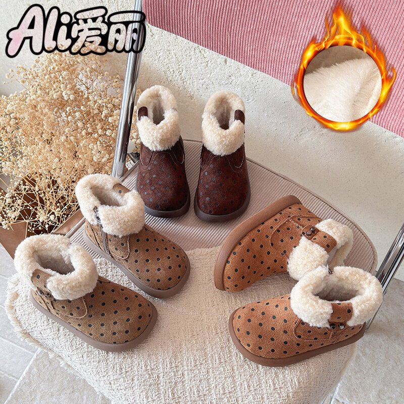 女童复古波点加绒防滑雪地靴