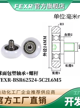 FEXR型球面包塑轴承BSR62524-5C2L6M5带螺杆POM移门窗家具小滑轮
