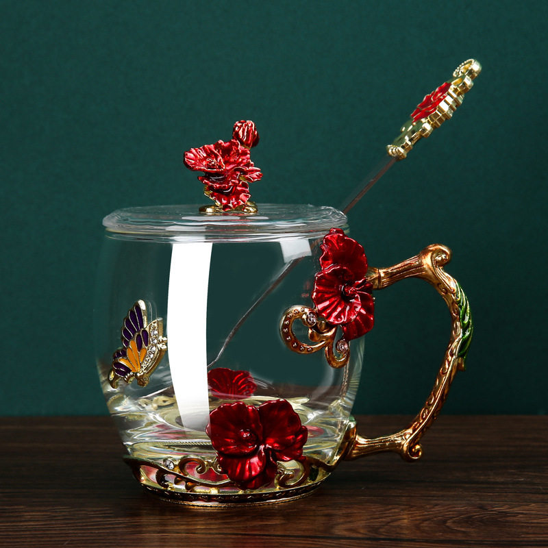 珐琅彩水杯家用客厅创意轻奢咖啡杯女生时尚耐烫玻璃杯早餐牛奶杯