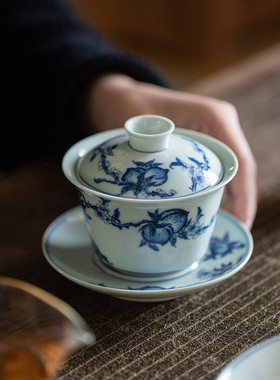 仿古釉中彩青花釉里红三才盖碗单个泡茶碗复古敬茶杯陶瓷功夫茶具