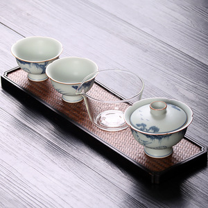 亚青釉中青花瓷二才盖碗两杯复古风随手礼品茶具功夫茶具礼盒